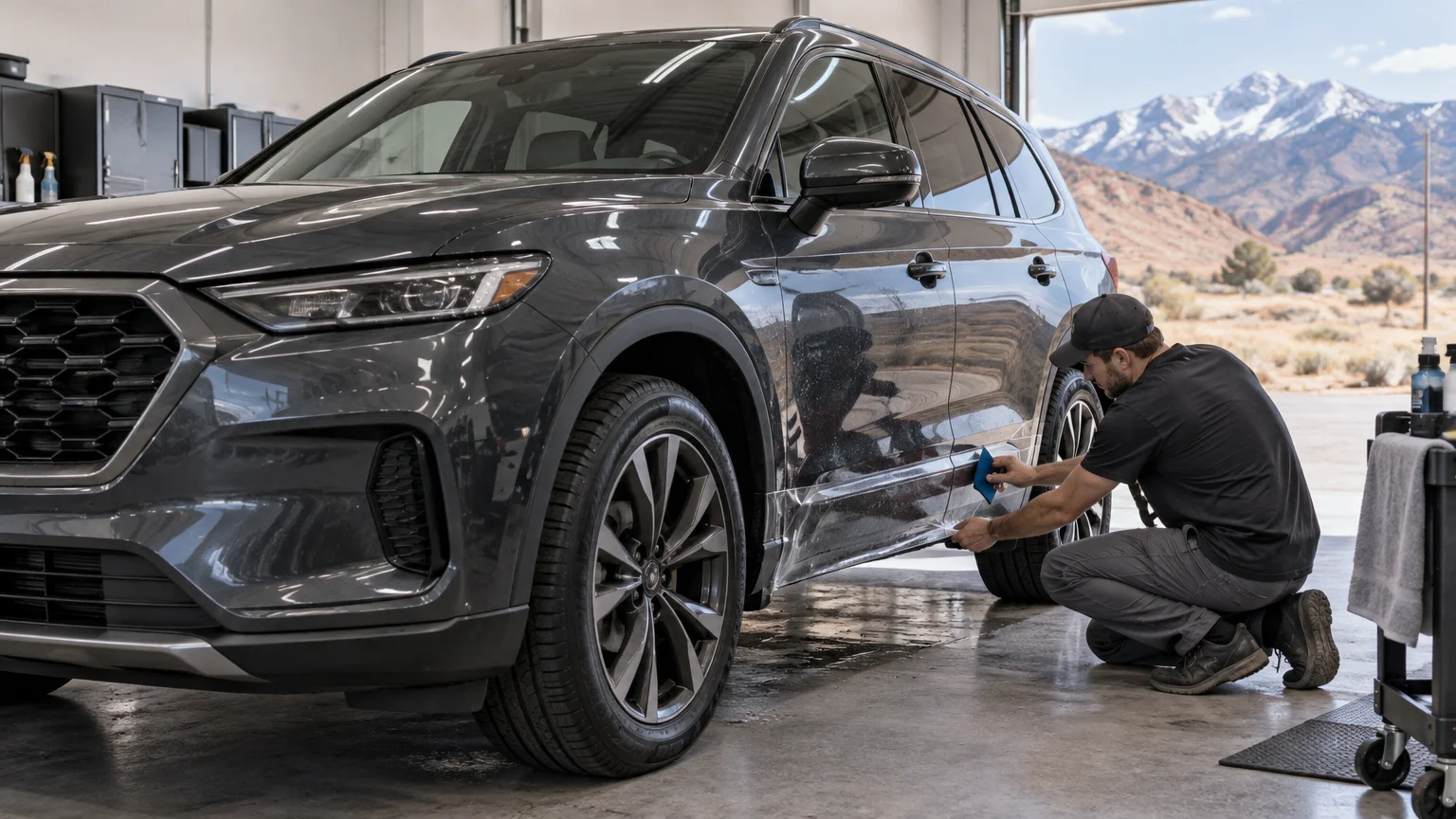 Technician applies a clear protective film along the lower side and rocker panel of a dark gray SUV inside a garage, with mountains visible through the open bay.