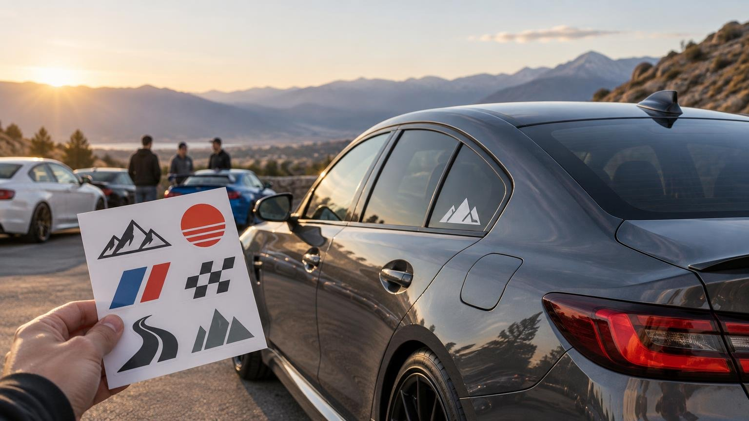 A hand holds a sheet of geometric car decals beside a gray sedan at a mountain overlook car meet during sunset.