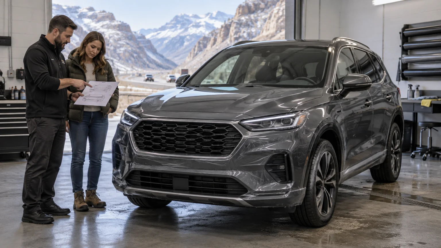 Two people review a vehicle coverage sheet beside a gray SUV with visibly wrinkled clear film across its front bumper in a workshop open to a snowy mountain road.