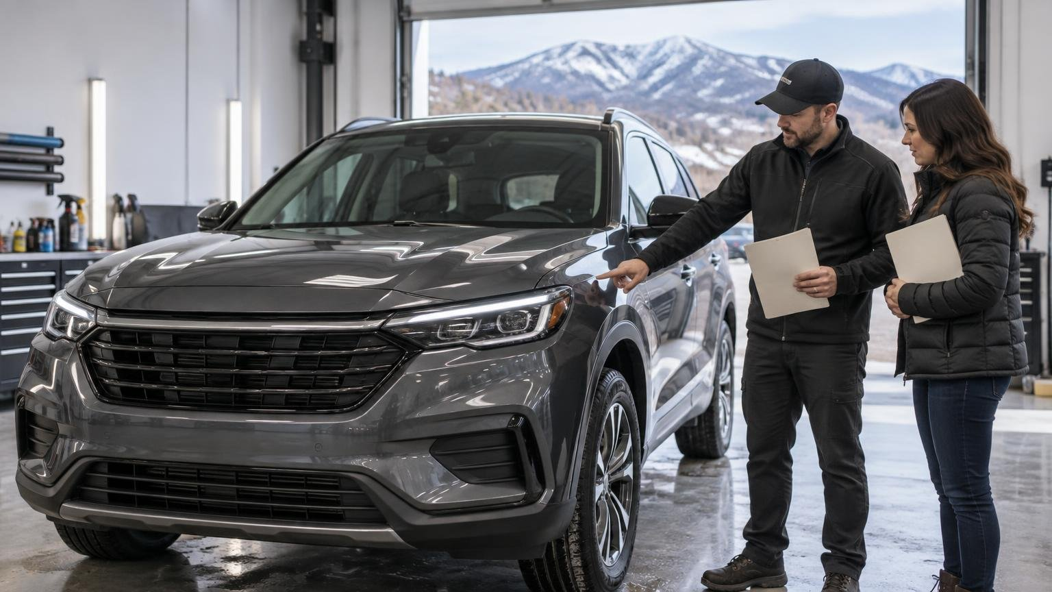 Two people holding quote papers inspect the front fender of a gray SUV in a clean garage, with snowy mountains visible outside.