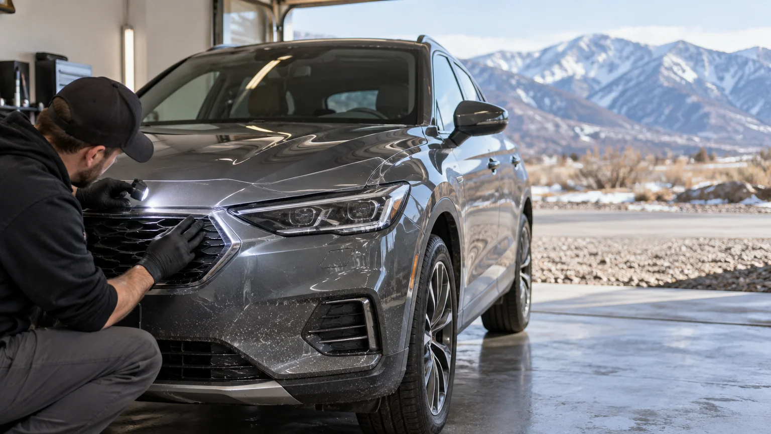 Technician in black gloves inspects the front bumper and grille of a gray SUV with a small light inside an open garage, with snowy mountains and a wet, gravelly roadside visible outside.