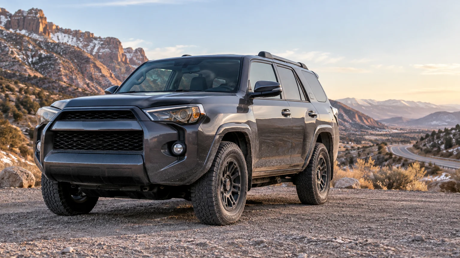 Dark gray midsize SUV parked on a gravel overlook above a winding mountain road, with snowy red-rock cliffs and distant mountains in warm evening light.