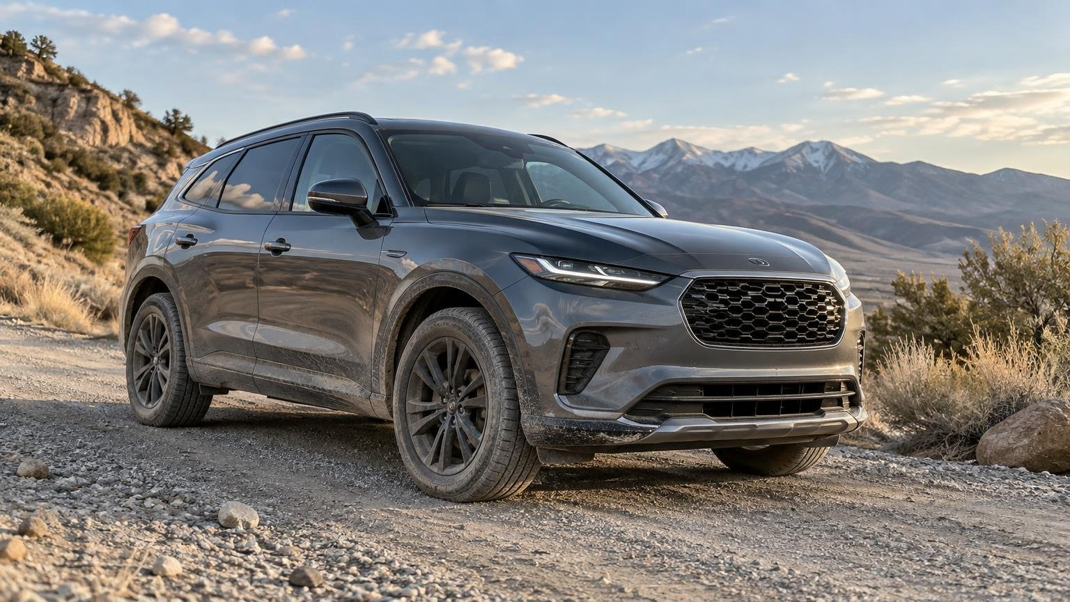 Gray midsize SUV with dusty lower doors and wheel arches parked on a rocky gravel road, with dry canyon vegetation and snow-capped mountains in the background.