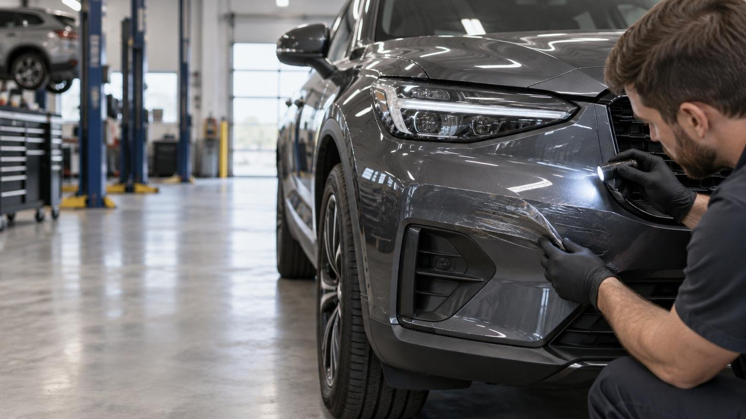 Technician in gloves inspects and lifts a damaged clear protective film section from the front bumper of a gray SUV in a clean auto workshop.