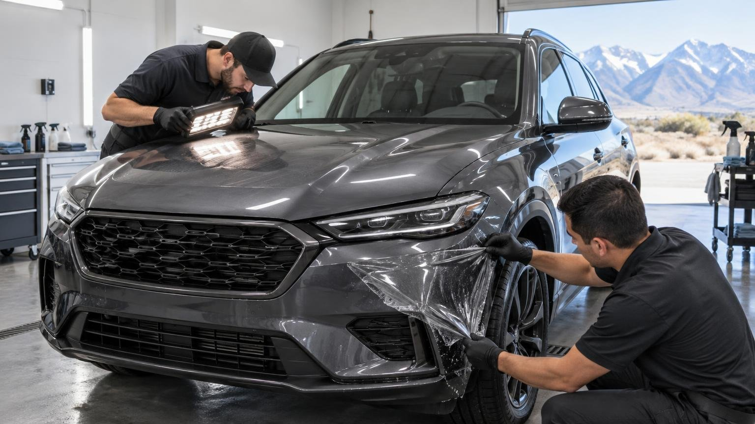 Two technicians inspect and apply clear paint-protection film to the front bumper of a dark gray SUV in a bright detailing workshop, with snowy mountains visible outside.
