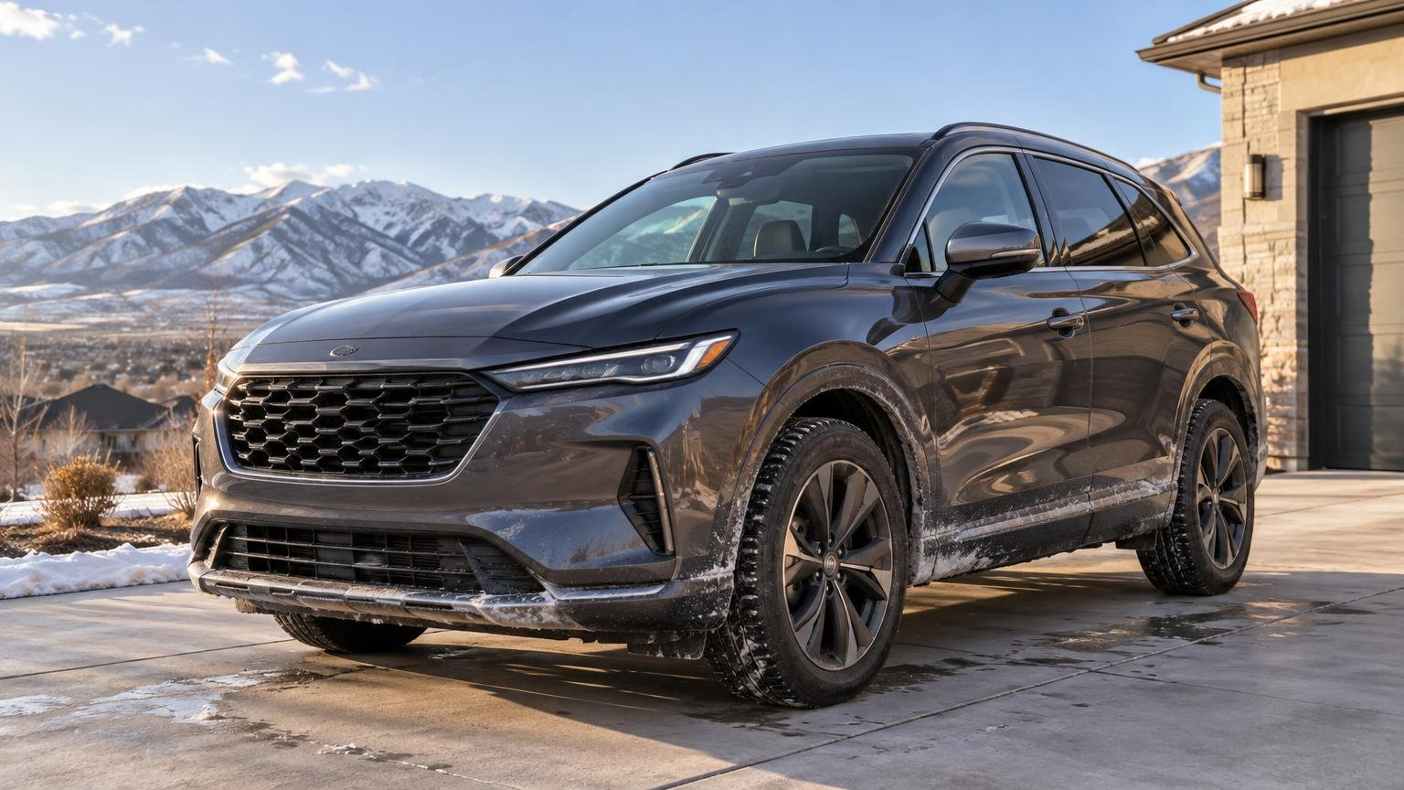 Dark gray SUV with salt and snow residue on its lower panels parked outside a garage, with snow-covered mountains in the background.