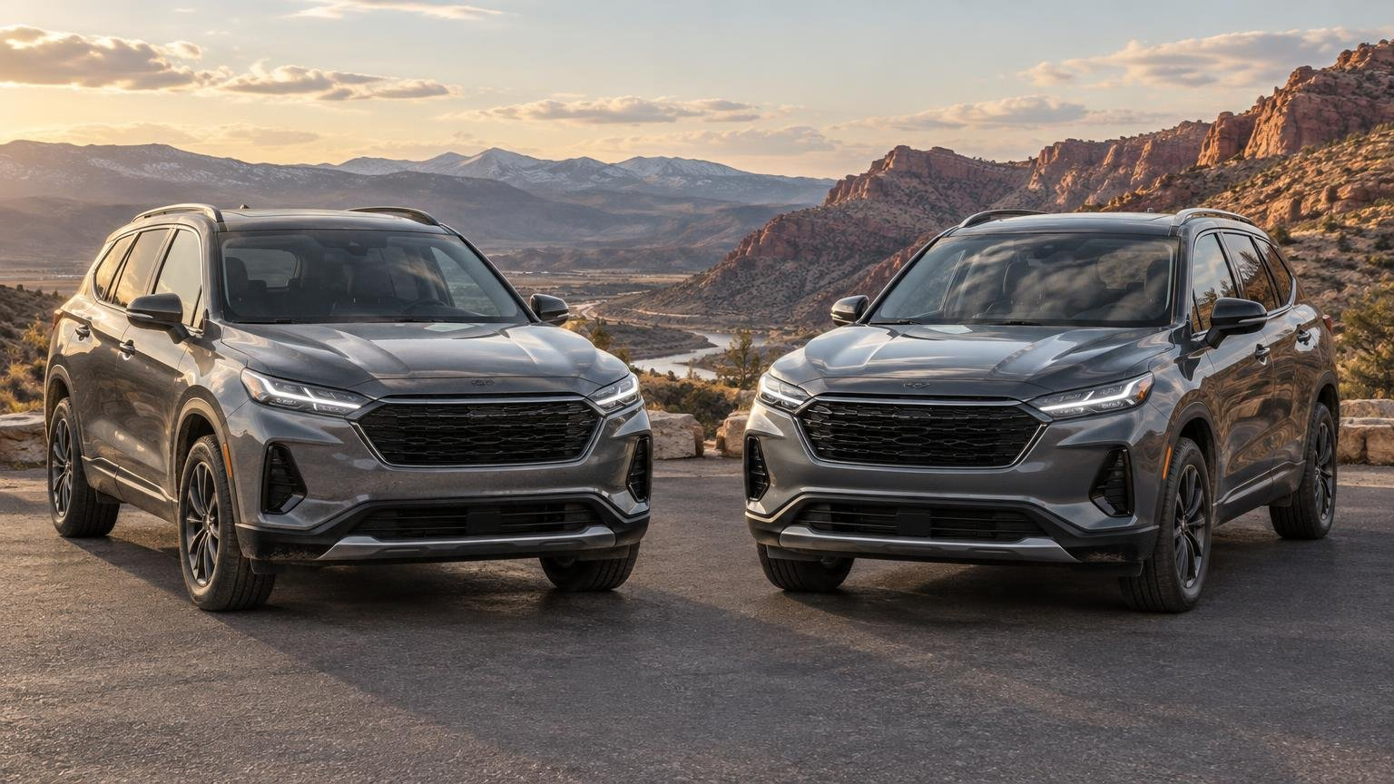 Two gray unbranded-looking crossover SUVs parked side by side on pavement at a mountain overlook, with red rock cliffs, a valley, and distant snow-dusted mountains in warm evening light.