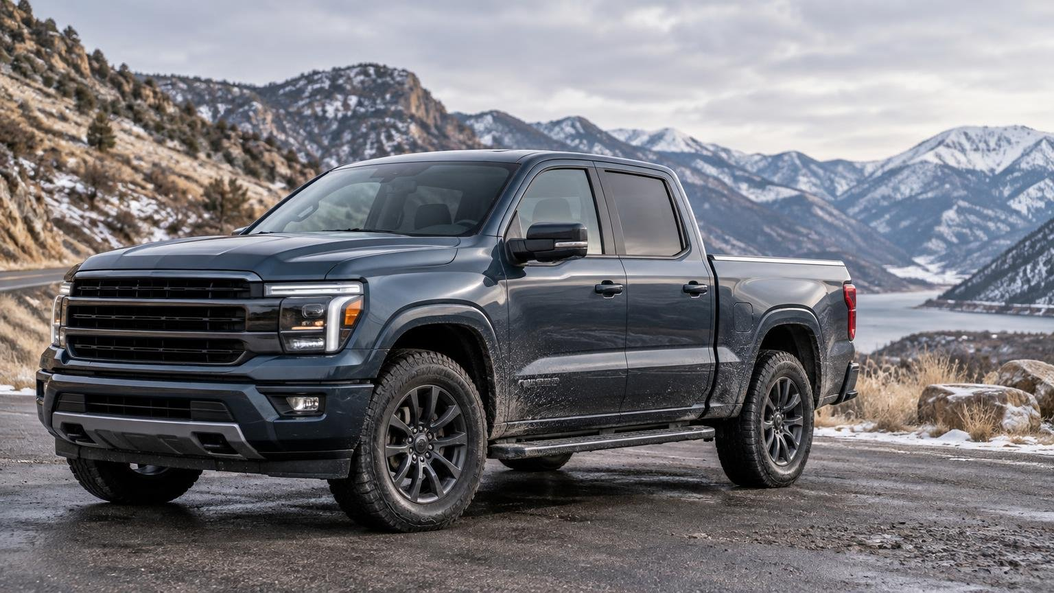 Dark blue full-size pickup truck with road grime along its lower panels, parked beside a snowy mountain road under a cloudy sky.
