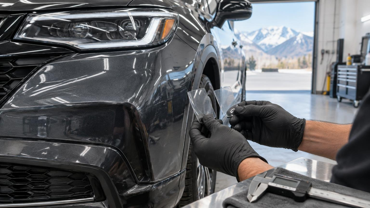 Gloved installer compares two clear paint-protection-film samples beside the front bumper of a dark SUV in a clean garage, with snowy mountains visible outside.