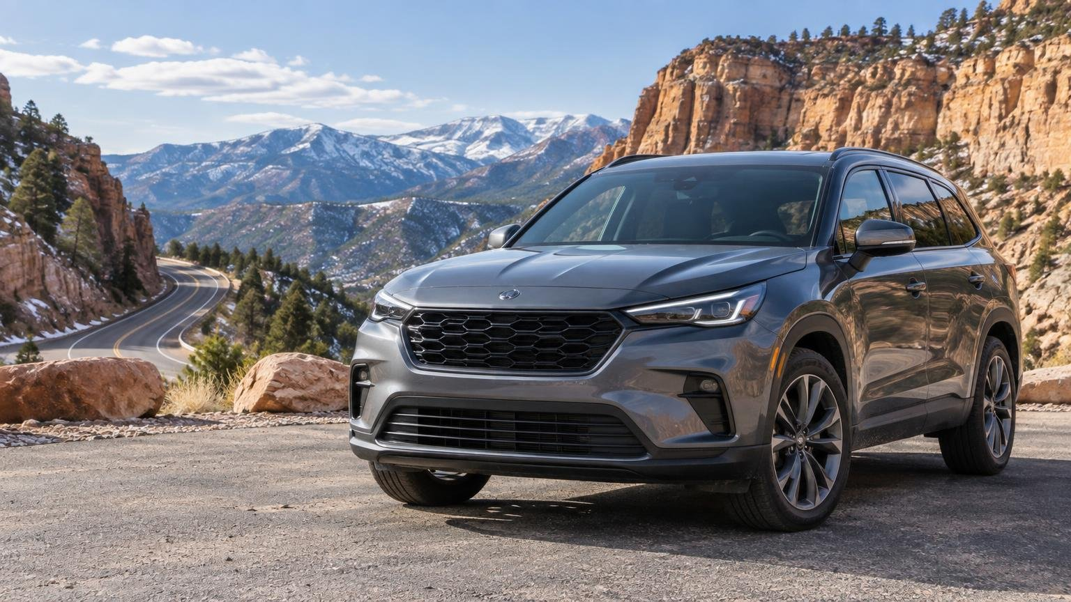Gray midsize SUV parked beside a winding mountain canyon road with snow-dusted peaks and sandstone cliffs in the background.